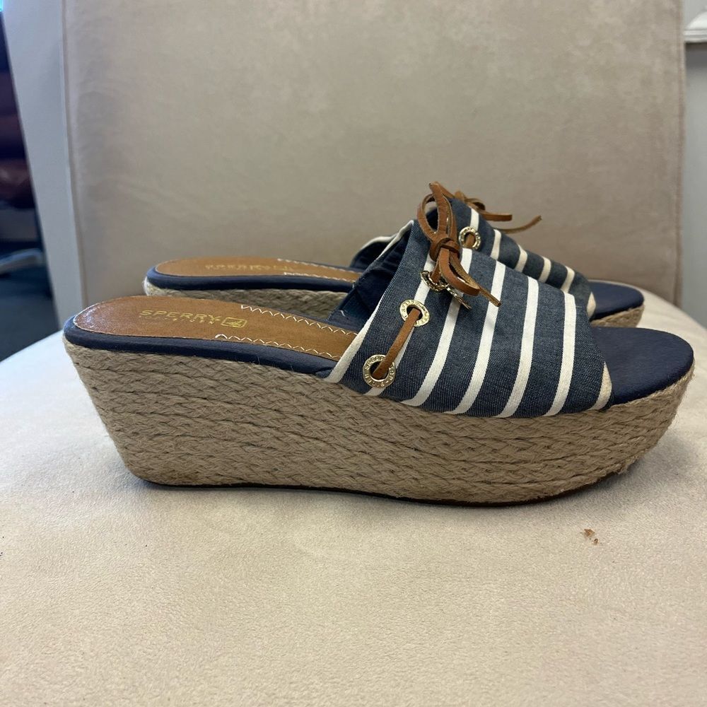 Sperry Nautical Stripe Espadrille Wedge Slip On Slides sz 8.5 EUC